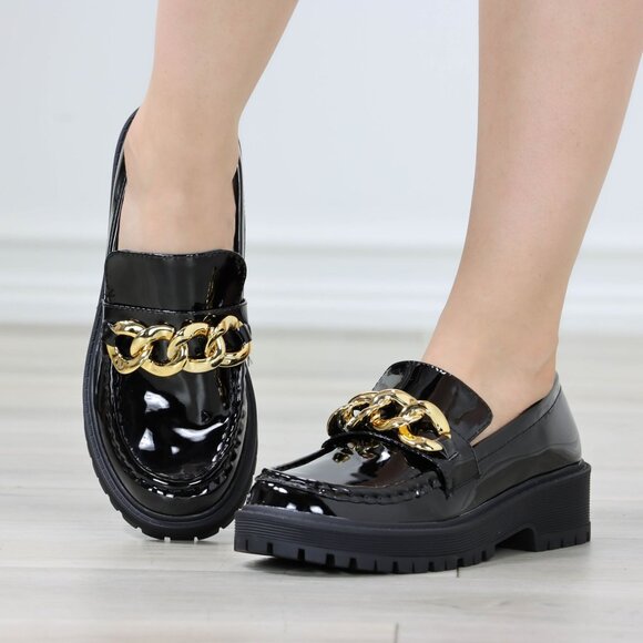 Womens Chunky Penny Loafer Lug Sole Slip On Platform Black Patent Gold Chain - Picture 2 of 15